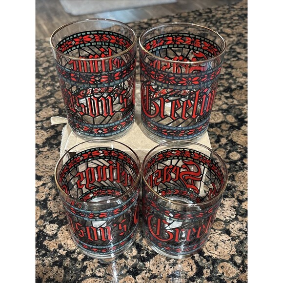 Vintage Houze Art Season’s Greetings Glasses Set of 4 12oz Double Old Fashion St - Picture 2 of 3